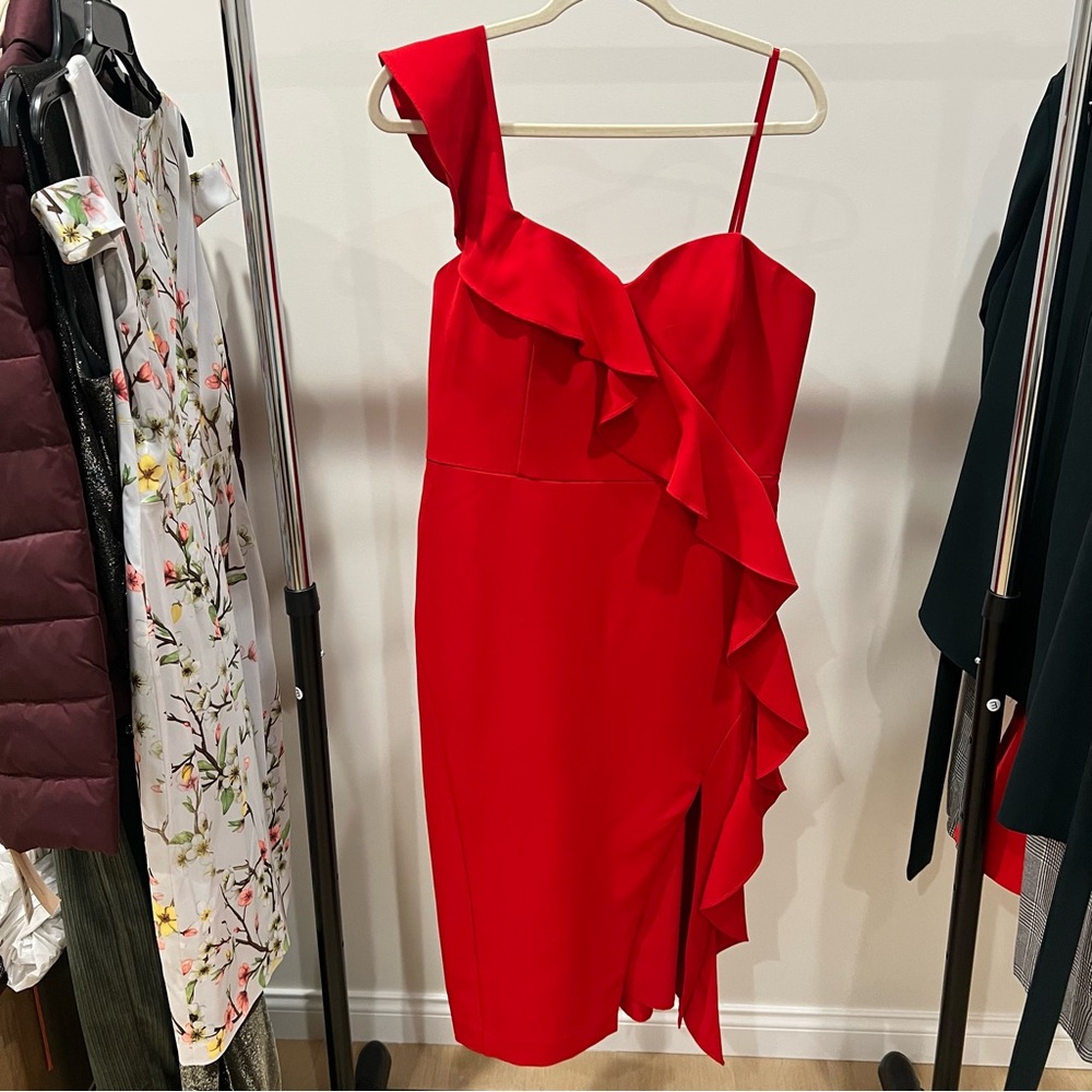 Aidan Mattox Scarlet One-Shoulder Ruffle Dress